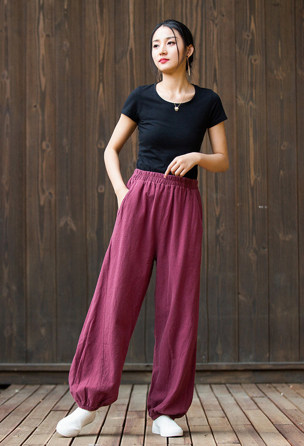 2022 Summer NEW! Women Sporty Style Lantern Leisure Sand Washed Linen and Cotton Pants