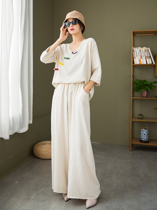 2021 Autumn NEW! Women Round Collar Zen Style Linen and Cotton Long Sleeves Side Cardigan Jacket and Pants