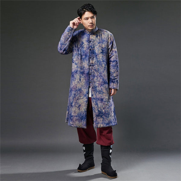 2021 Winter NEW! Men Retro Blue Dyed Linen and Cotton Quilted Tunic Type Coat