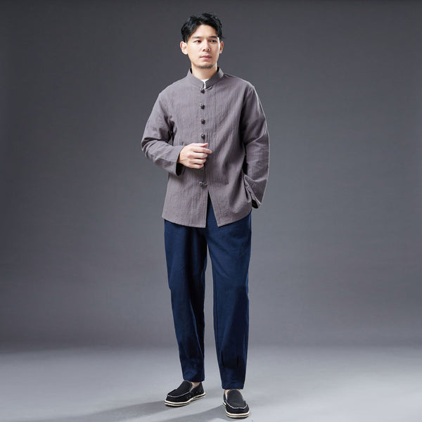 2022 Summer NEW! Men Easten Style Sand Washed Linen and Cotton Long Sleeve Middle Buckle Thin Jacket