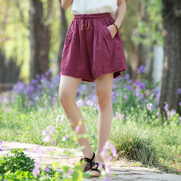 Women Simple Style Linen and Cotton Loose Shorts