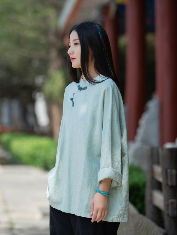 Women Sand-Washed Round Collar Zen Style Linen and Cotton Long Sleeves Side Cardigan Shirt