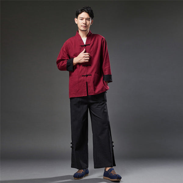 2021 Autumn NEW! Men Retro Style Linen and Cotton Drawstring Wide Leg Cropped Pants