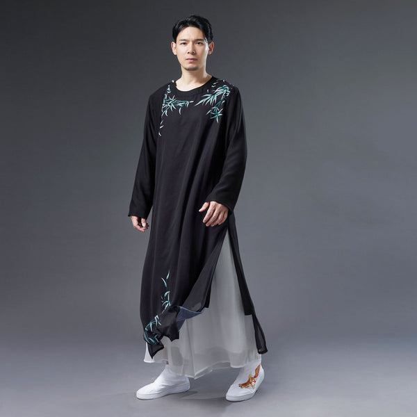 Men Classic Asian Style Linen Long Sleeve Round Neck Bamboo Printed Cheongsam