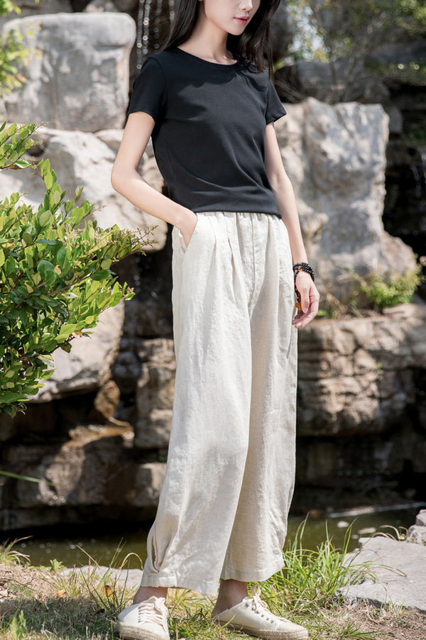 2022 Summer NEW! Women Simple Causal Lantern Style Sand Washed Linen and Cotton Cropped Pants