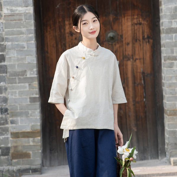 2022 Summer NEW! Women Chinese Ethnic Style Linen and Cotton Mid-length Sleeves Shirt