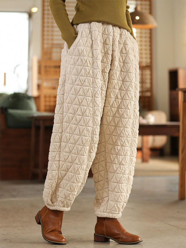 Winter NEW! Women Linen and Cotton Hidden Grid Style Lantern Cropped Pants