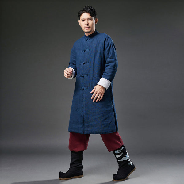 2021 Winter NEW! Men Retro Chinese Style Linen and Cotton Quilted Long Tunic Coat