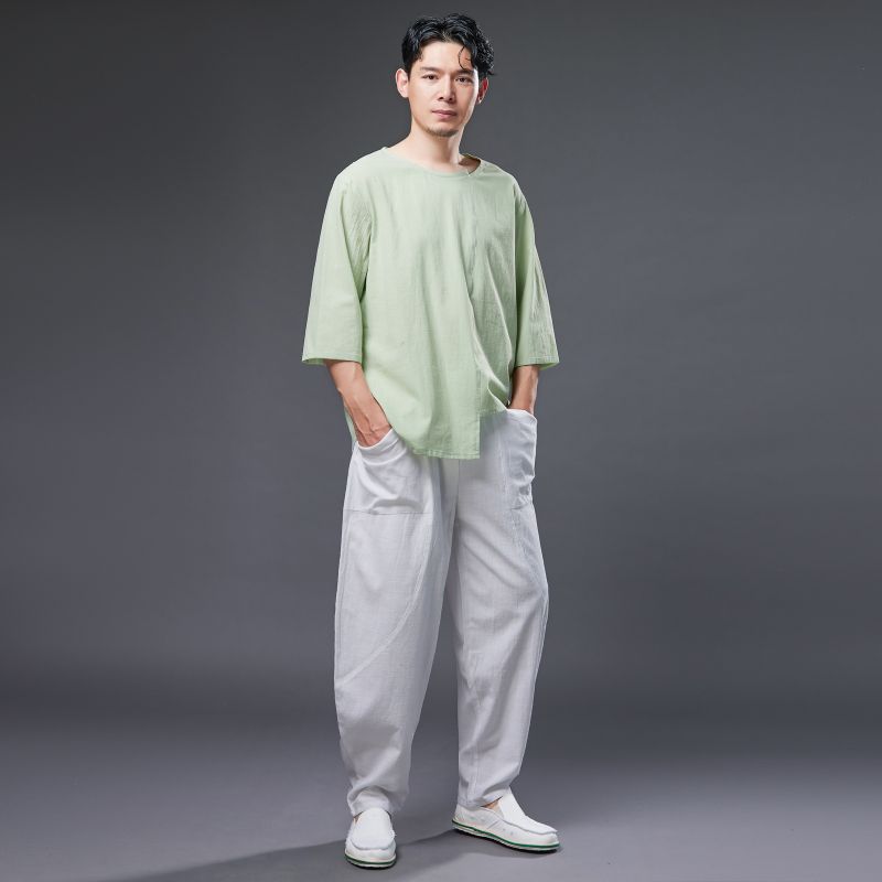 Summer NEW! Men Pure Color Linen and Cotton Middle Sleeve T-Shirts