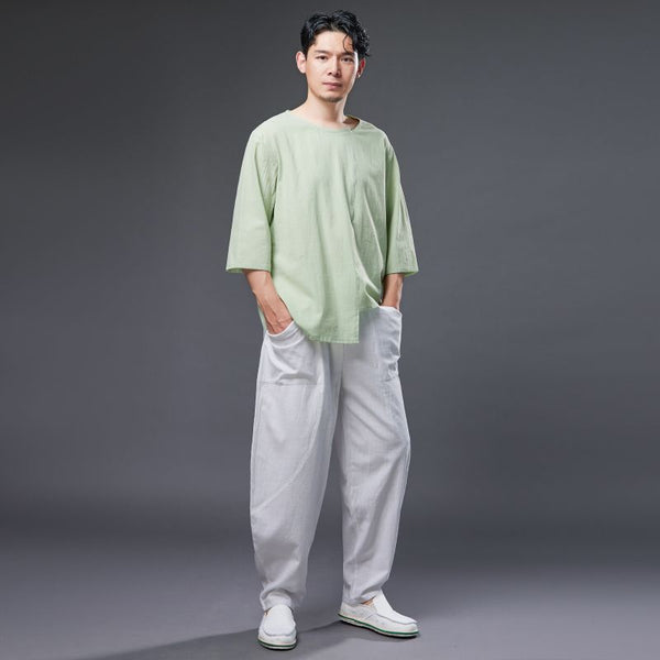 2022 Summer NEW! Men Pure Color Linen and Cotton Middle Sleeve T-Shirts