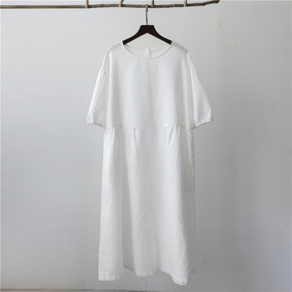 Women Loose Linen and Cotton Round Neck Middle Sleeve Dress