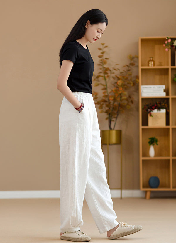 2022 Summer NEW! Women Simple Causal Lantern Style Sand Washed Linen and Cotton Pants