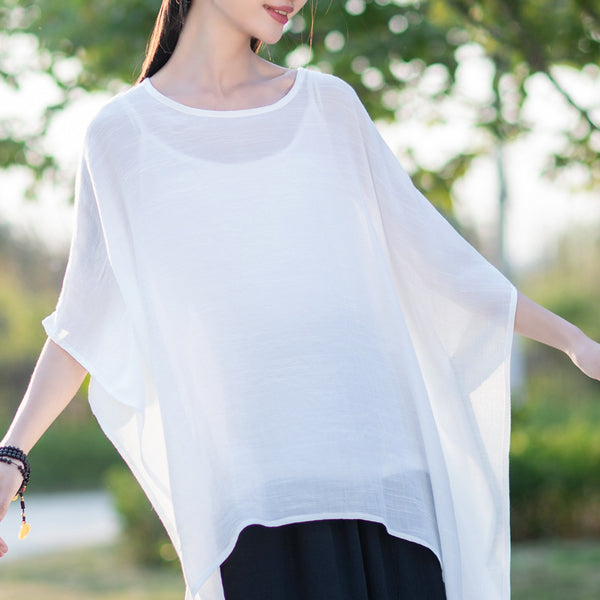 2022 Summer NEW! Women Modern Loose Style Linen and Cotton Round Necked Elbow Sleeves Shirt