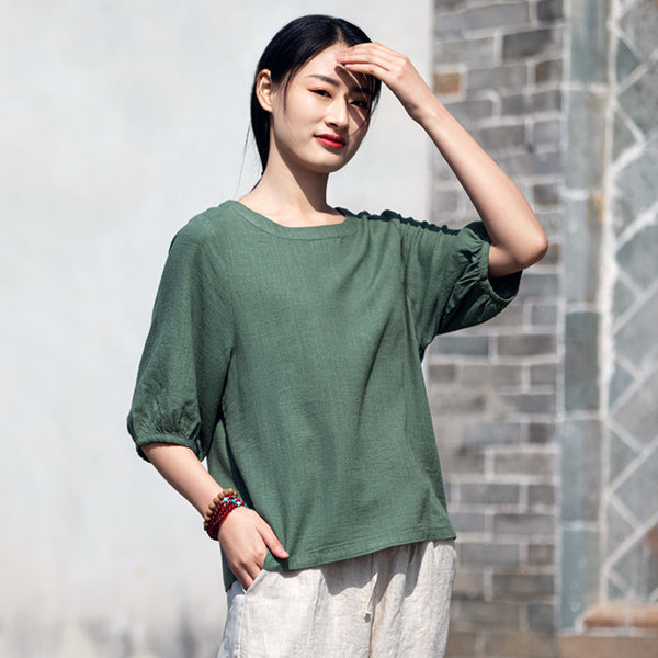 2022 Summer NEW! Women Simple Style Wrinkled Linen and Cotton Middle Sleeves Shirt
