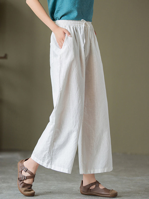 2021 Autumn NEW! Women Linen and Cotton Causal Cropped Wide Leg Pants