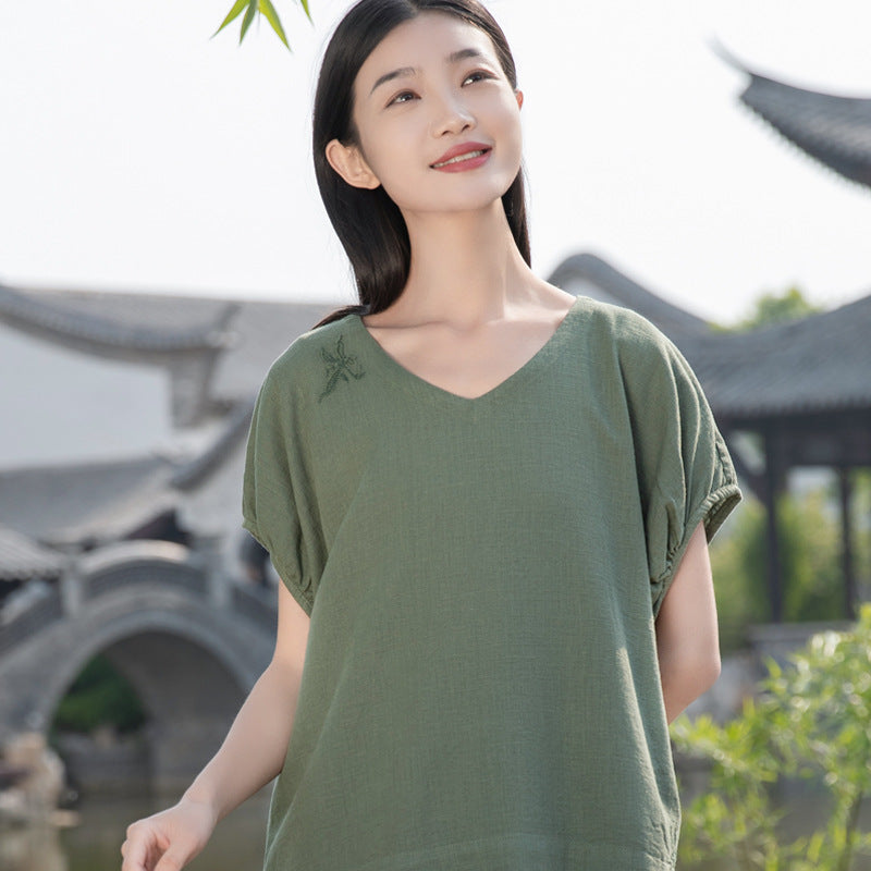 Summer NEW! Women Retro Style Linen and Cotton V-Necked Short Sleeves Shirt