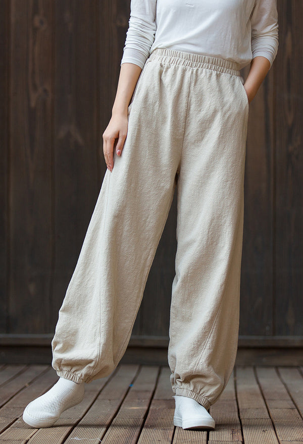 2022 Summer NEW! Women Sporty Style Lantern Leisure Sand Washed Linen and Cotton Pants