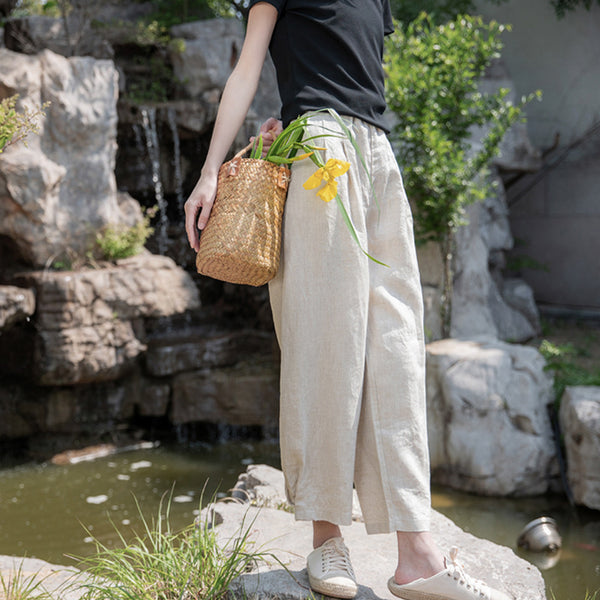 2022 Summer NEW! Women Simple Causal Lantern Style Sand Washed Linen and Cotton Cropped Pants