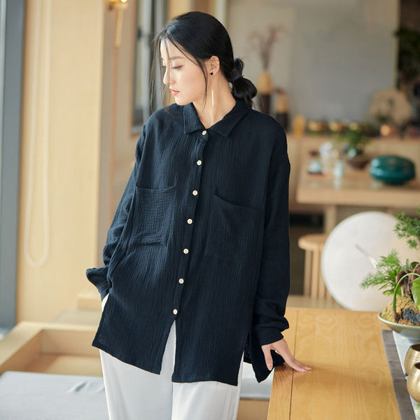 2022 Summer NEW! Women Modern Style Linen and Cotton Big Pockets Long Sleeve Shirt