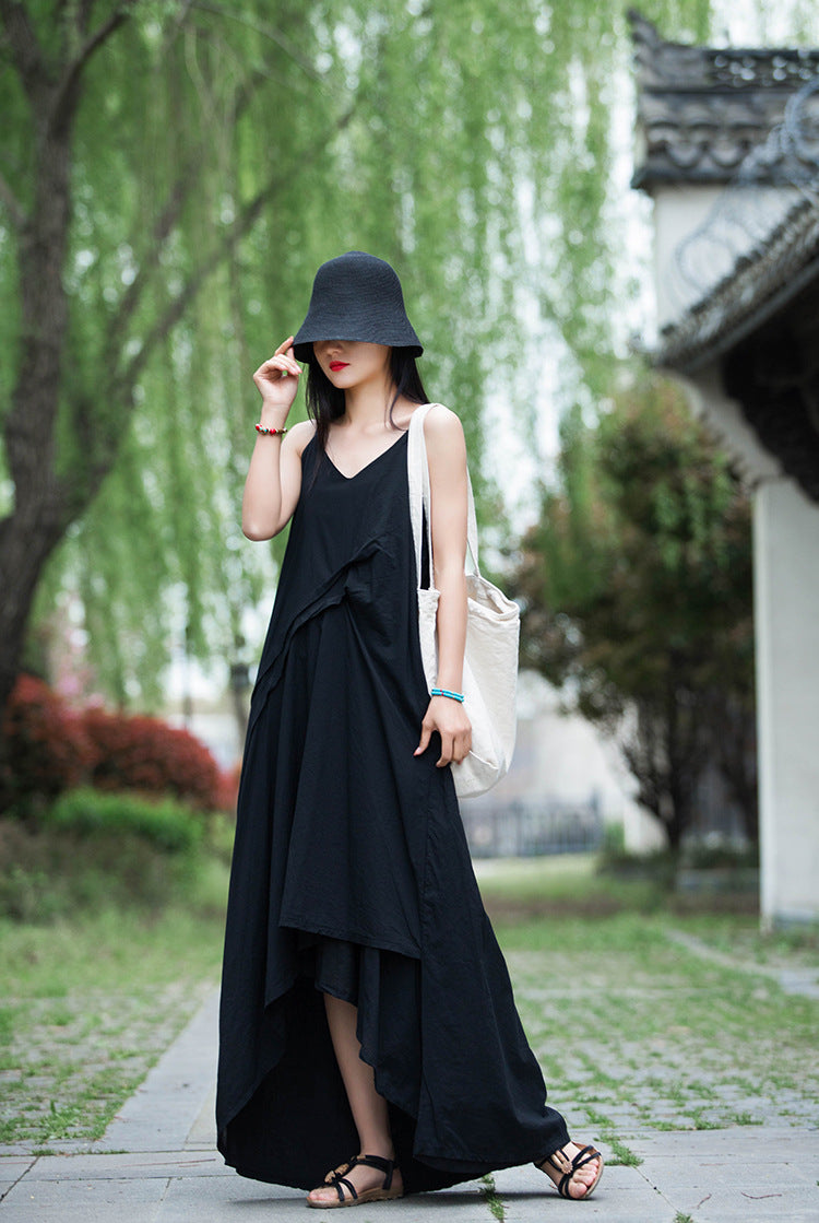Women Loose Linen and Cotton Pure Color Layered Slip Dress Black Women Loose Linen and Cotton Pure Color Layered Slip Dress Black