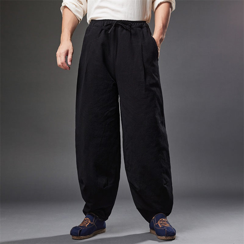 Autumn NEW! Men Retro Style Linen and Cotton Loose Quilted Drawstring Pants