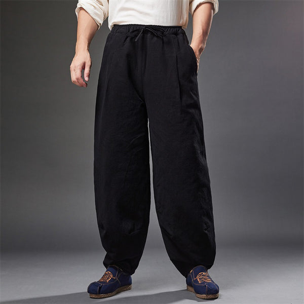 2021 Autumn NEW! Men Retro Style Linen and Cotton Loose Quilted Drawstring Pants