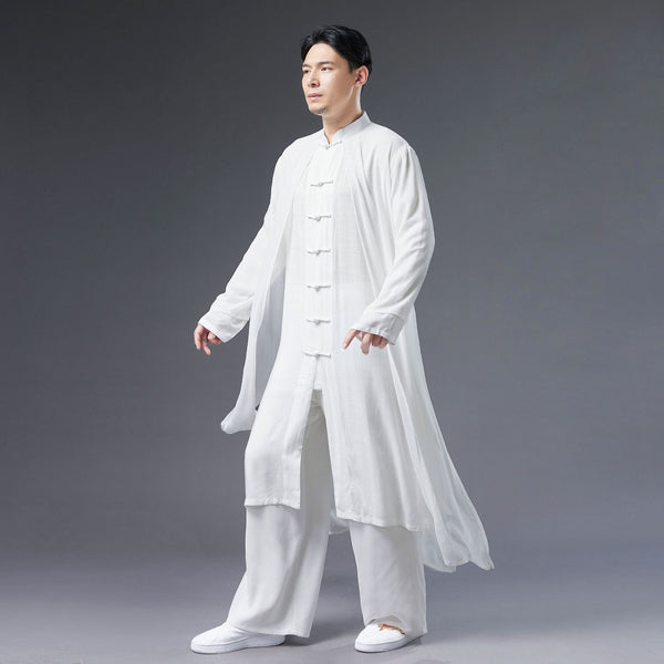 Men Classic Asian Style Linen Long Sleeve Round Collar Pure Color Cheongsam