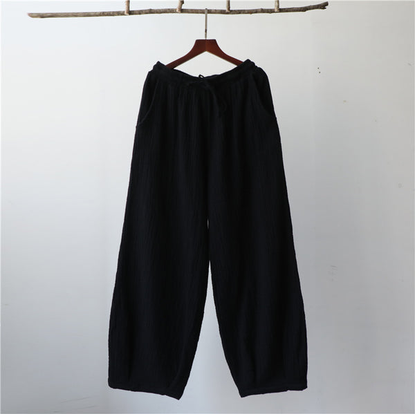 Women Retro Causal Lantern Style Linen and Cotton Wrinkle Pants