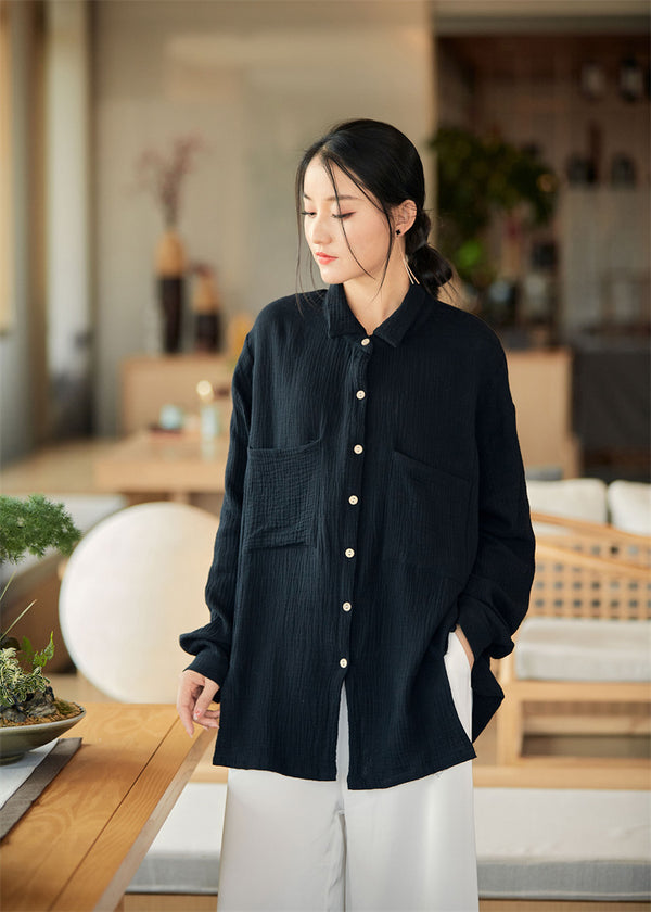 2022 Summer NEW! Women Modern Style Linen and Cotton Big Pockets Long Sleeve Shirt