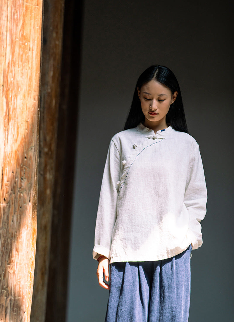 Autumn NEW! Women Retro Style Linen and Cotton Side Buckle Collar Chinese Blouse