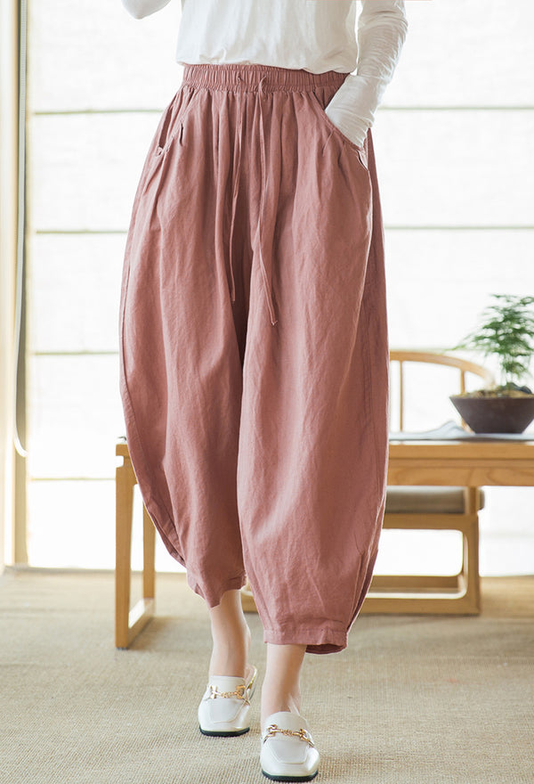 2022 Summer NEW! Women Modern Style Sand Washed Linen and Cotton Lantern Cropped Pants