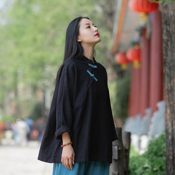 Women Sand-Washed Round Collar Zen Style Linen and Cotton Long Sleeves Side Cardigan Shirt