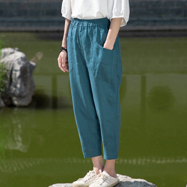 2022 Summer NEW! Women Retro Style Sand Washed Linen and Cotton Font Pocket Pegged Pants