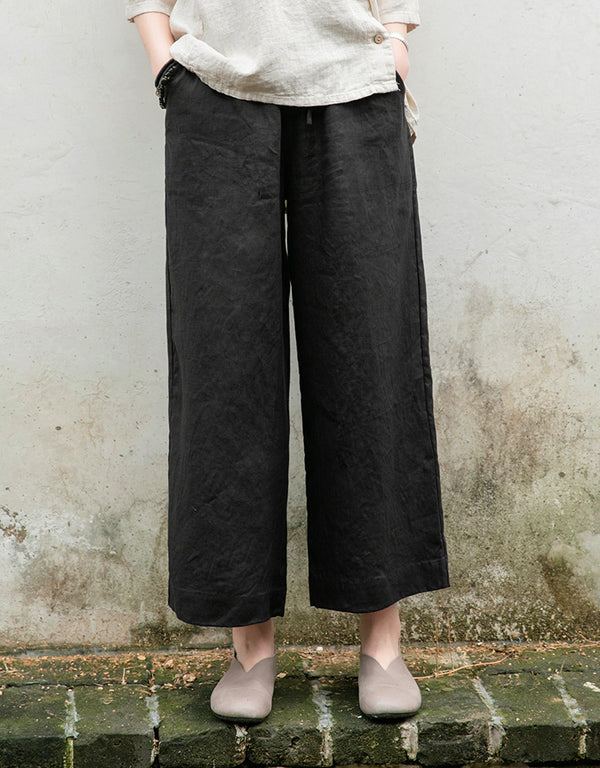 Women Casual Style Linen and Cotton Lantern Cropped Wide Leg Pants