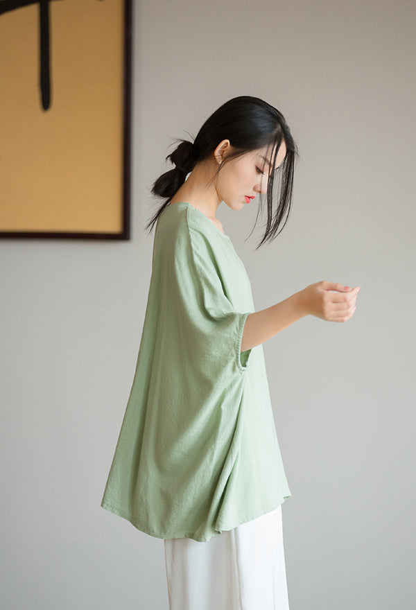 2022 Summer NEW! Women Casual Style Linen and Cotton Long Loose Mid Sleeve T-Shirt