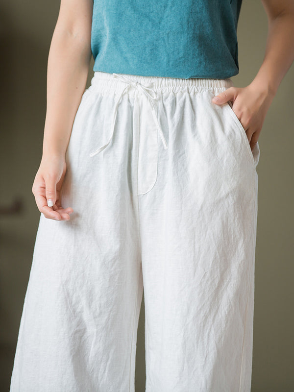 2021 Autumn NEW! Women Linen and Cotton Causal Cropped Wide Leg Pants