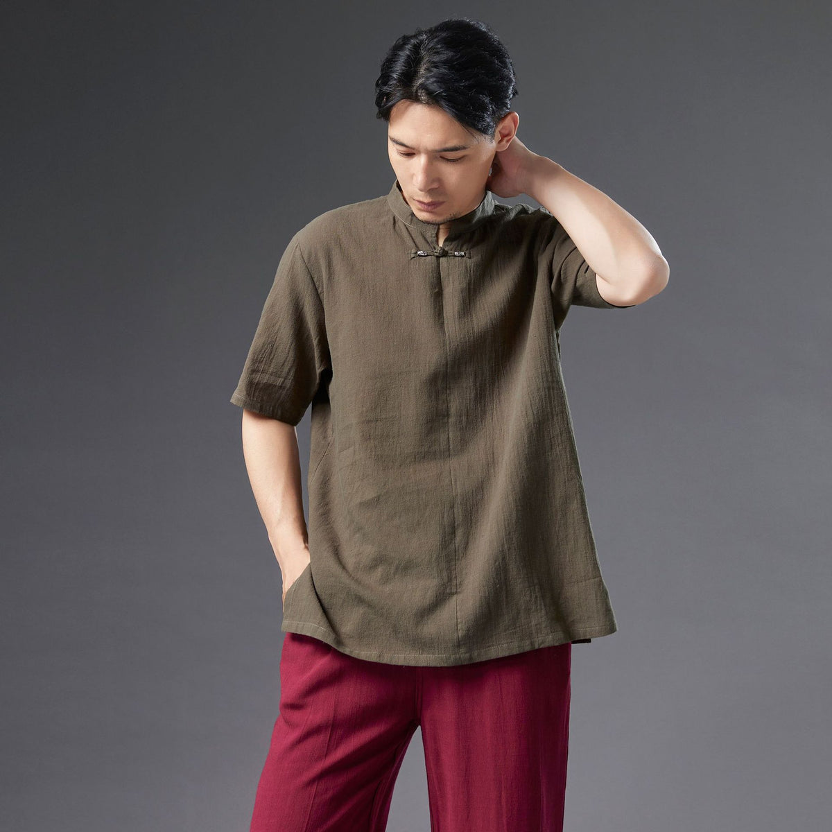 Men Causal Style Round Collar Buckle Linen and Cotton Short Sleeve Tops
