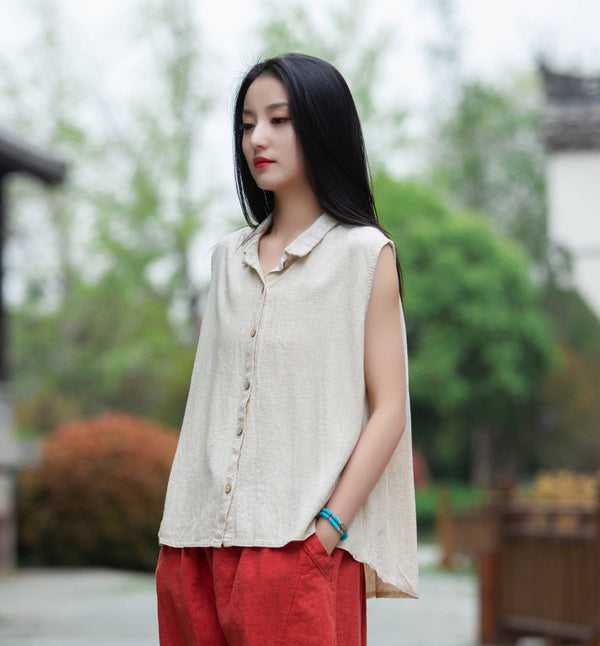 Women Sand-Washed Linen and Cotton Long Sleeveless Shirt