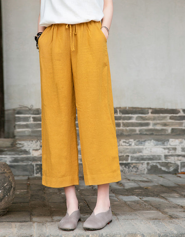 Women Casual Style Linen and Cotton Lantern Cropped Wide Leg Pants