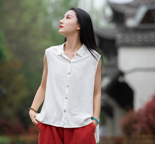 Women Sand-Washed Linen and Cotton Long Sleeveless Shirt