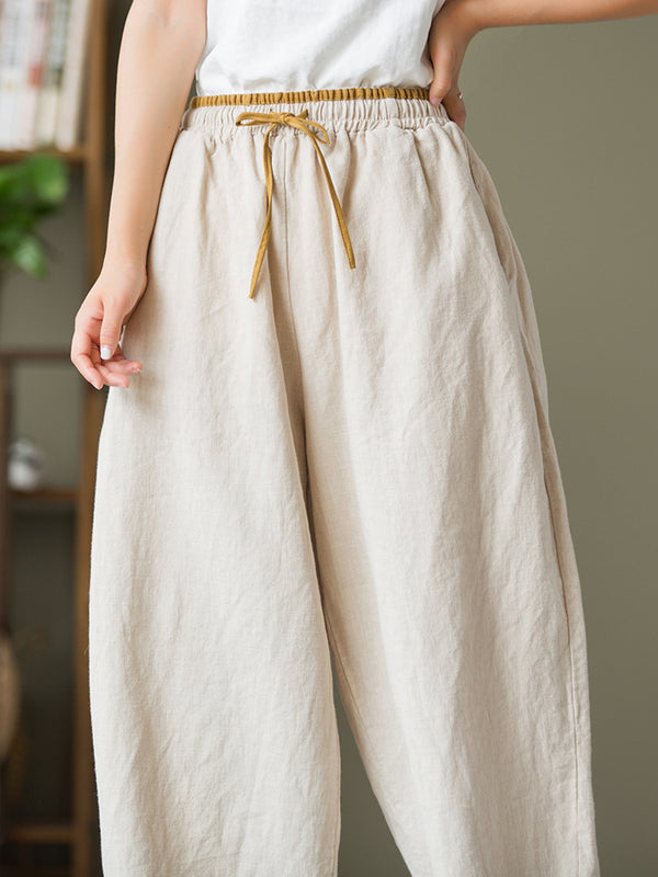 2021 Autumn NEW! Women Lantern Style Linen and Cotton Causal Loose with Waist Belt Cropped Pants