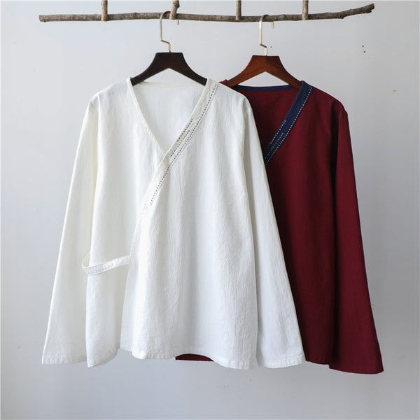 Women V-necked Zen Style Linen and Cotton Long Sleeves Cardigan Shirt