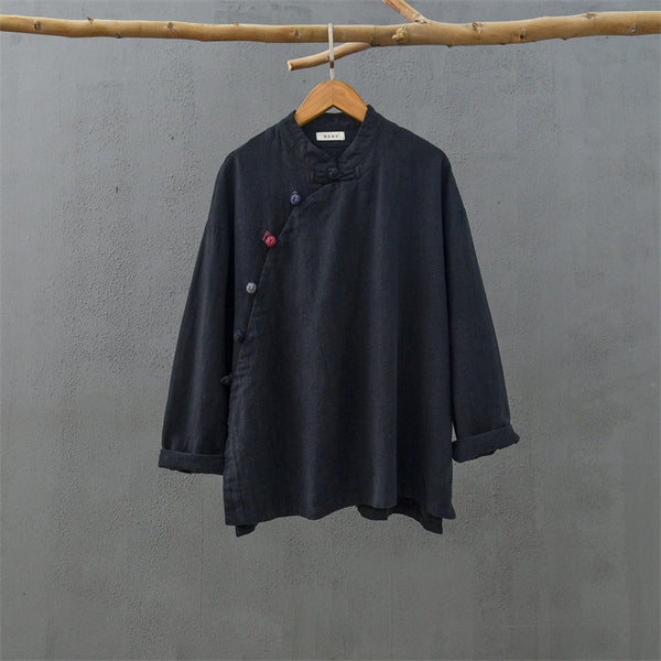 2021 Autumn NEW! Women Retro Chinese Style Linen and Cotton Side Buckle Collar Blouse