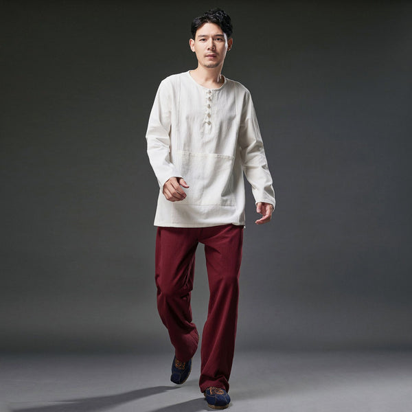 2021 Autumn NEW! Men Retro Style Linen and Cotton Pullover Long Sleeve T-shirt