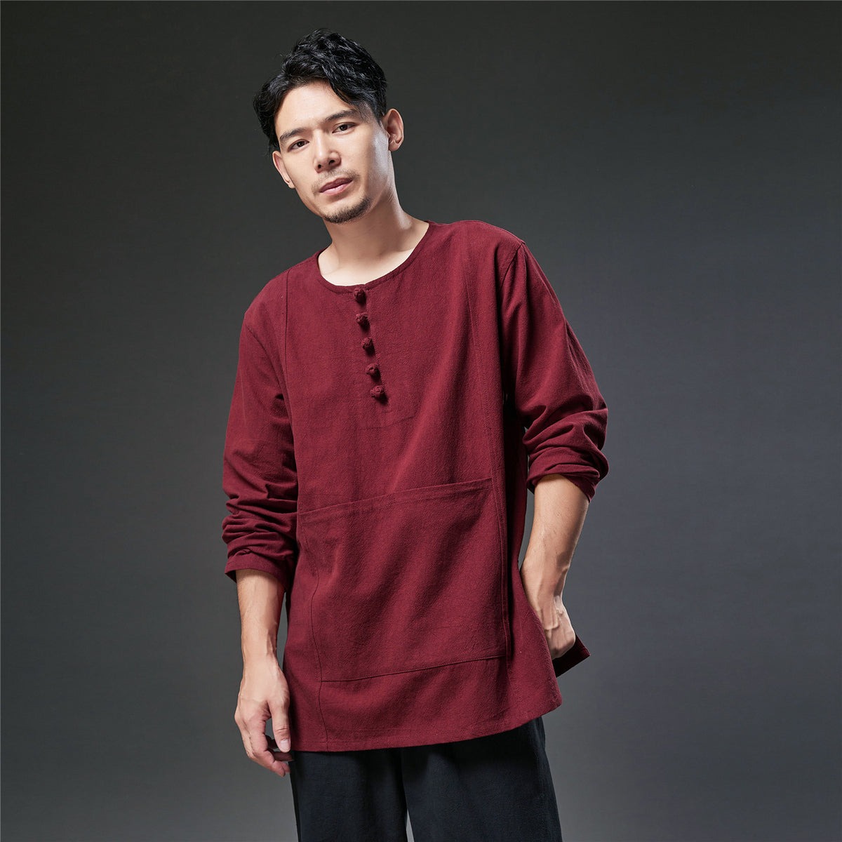 Autumn NEW! Men Retro Style Linen and Cotton Pullover Long Sleeve T-shirt