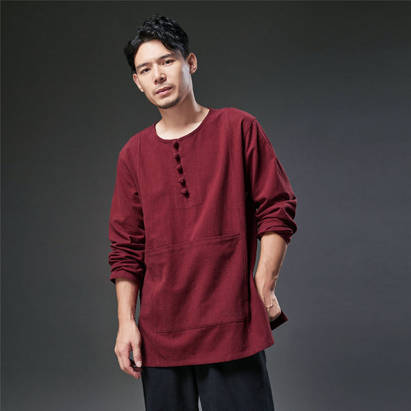 2021 Autumn NEW! Men Retro Style Linen and Cotton Pullover Long Sleeve T-shirt