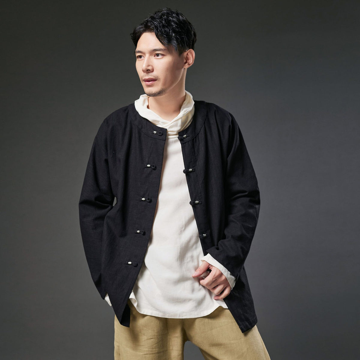 Autumn NEW! Men Retro Chinese Style Pure Color Linen and Cotton Long Sleeve Cardigan Thin Jacket