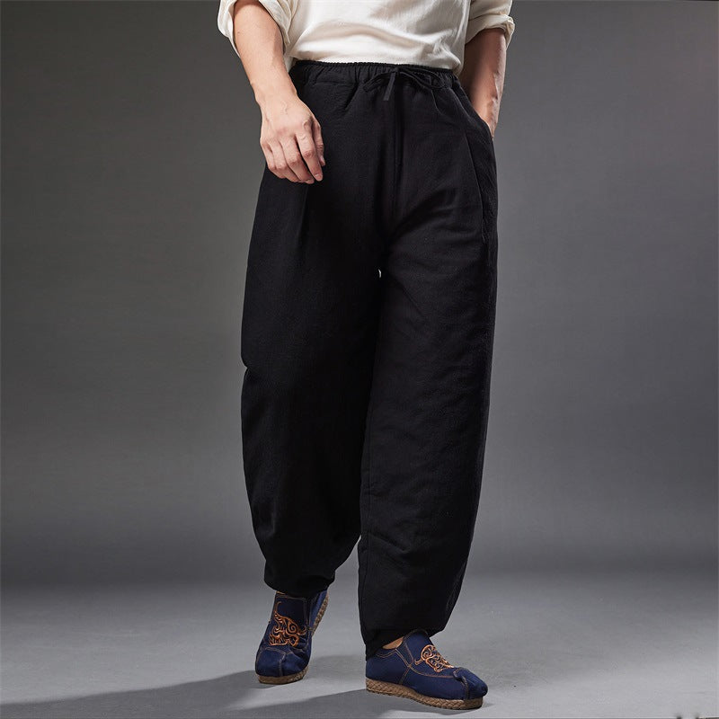 Autumn NEW! Men Retro Style Linen and Cotton Loose Quilted Drawstring Pants