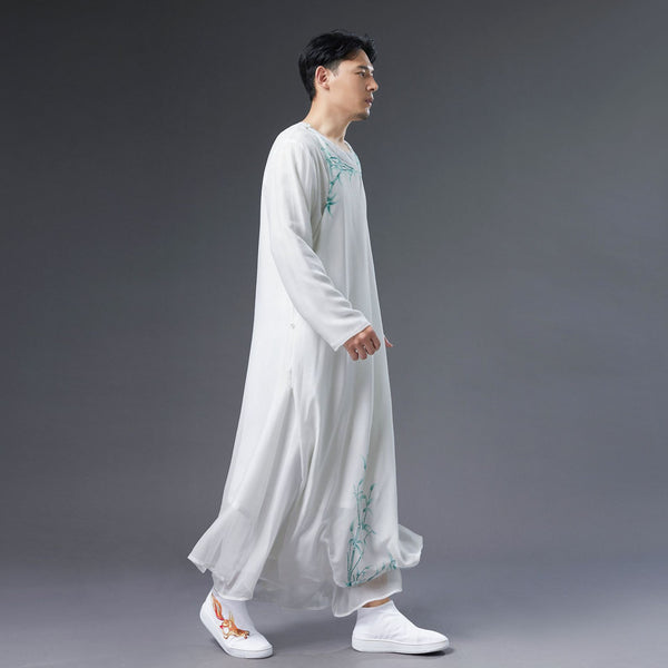 Men Classic Asian Style Linen Long Sleeve Round Neck Bamboo Printed Cheongsam