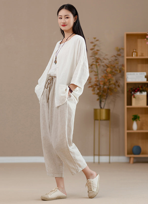 2022 Summer NEW! Women Retro Style Linen and Cotton Waist Belt Cropped Pegged Pants